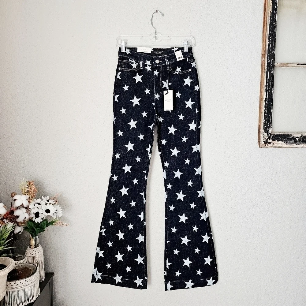 Judy Blue HR Dark Wash Star Print Flare Jeans Classic Americana Various NEW